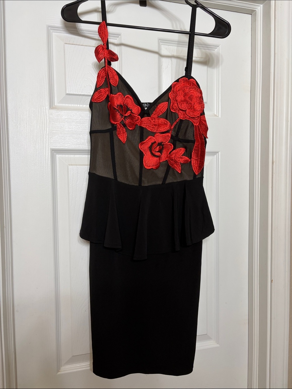 VENUS Black Dress with Red Floral Appliqué